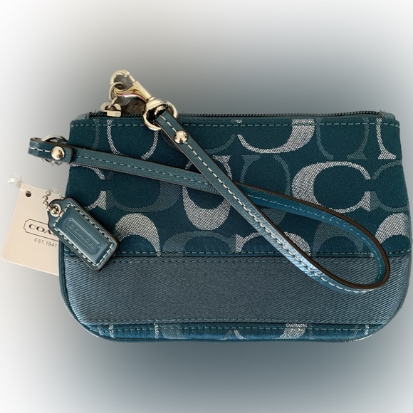 Coach Handbags - NWT Coach Silver and Teal Small Wristlet